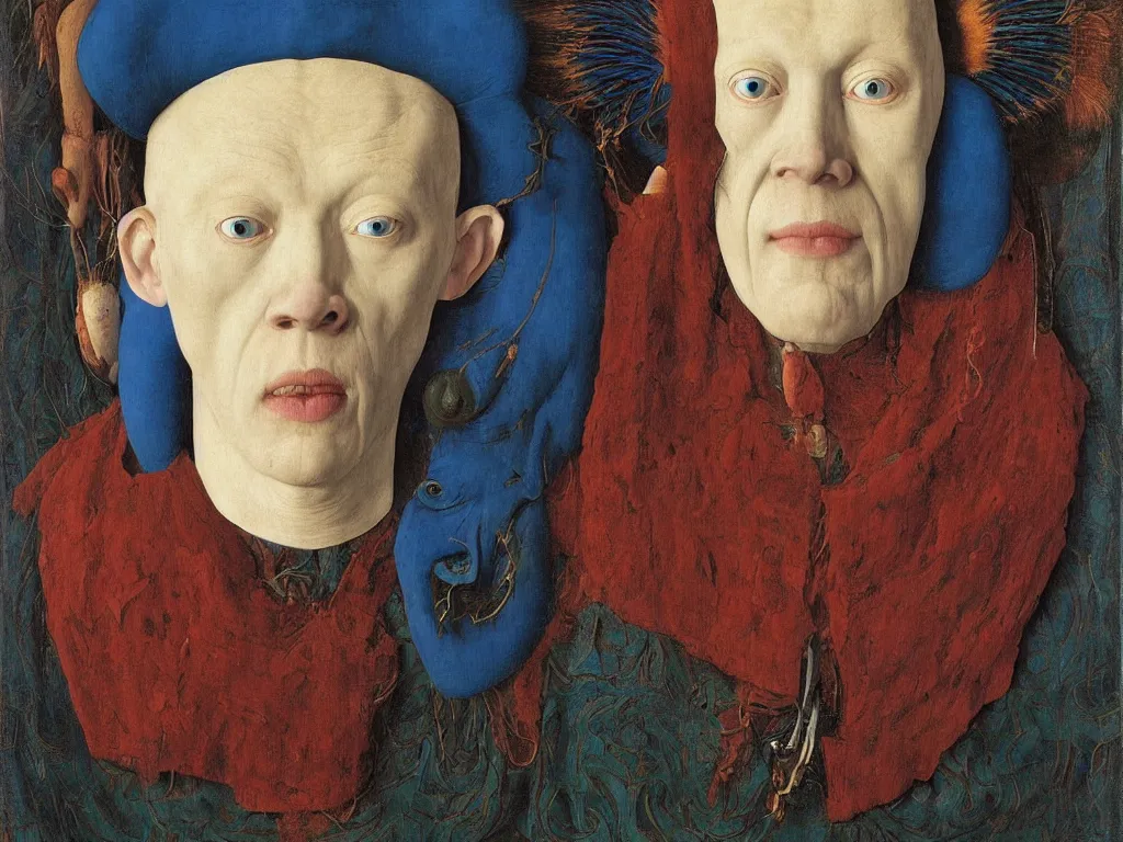 Image similar to Portrait of albino mystic with blue eyes, with beautiful exotic Siberian archaic, primitive, shamanic mask. Painting by Jan van Eyck, Audubon, Rene Magritte, Agnes Pelton, Max Ernst, Walton Ford