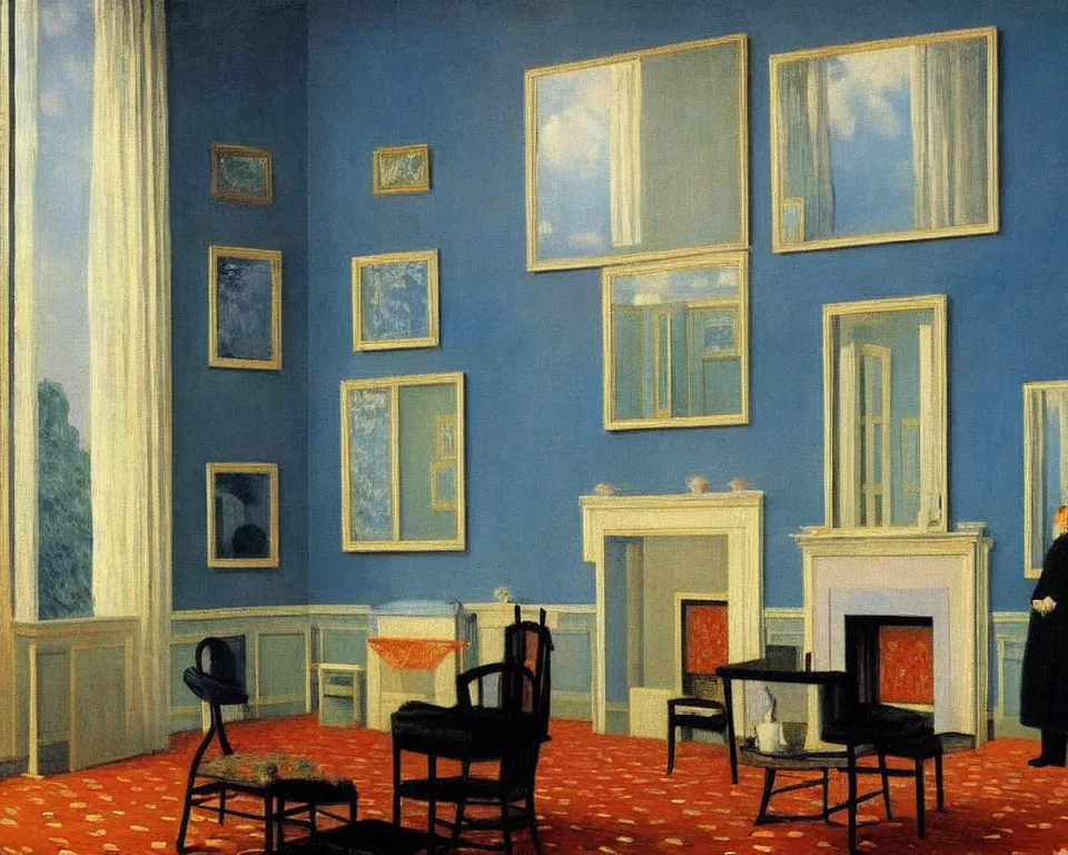 Image similar to achingly beautiful painting of a sophisticated, well - decorated, modern parlor by rene magritte, monet, and turner. whimsical.