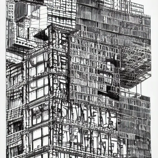 Image similar to a black and white drawing of a building, a detailed mixed media collage by hiroki tsukuda and eduardo paolozzi, intricate linework, sketchbook drawing, street art, polycount, deconstructivism, matte drawing, academic art, constructivism