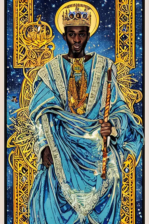 Image similar to beautiful and refined engraved tarot card featuring an ornate, realistic, and regal high key studio anaglyph portrait of an attractive young sudanese king with a crown of flower petals in front of a brilliant nebula by Eric Lafforgue, by Suicide Girls, by Dan Mumford, by Jim Fitzpatrick, featured on deviant art, trending on artstation