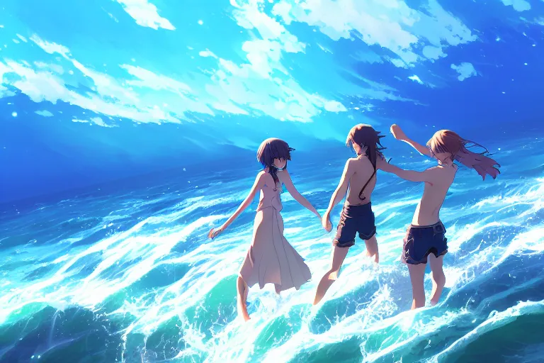 Image similar to friends splashing in the ocean, key visual, a fantasy digital painting by makoto shinkai and james gurney, trending on artstation, highly detailed