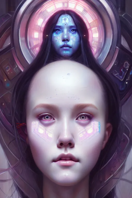 Image similar to portrait painting of olivia hye loona cyberpunk netrunner smiling, ultra realistic, concept art, intricate details, eerie, highly detailed, photorealistic, octane render, 8 k, unreal engine. art by artgerm and greg rutkowski and magali villeneuve and alphonse mucha