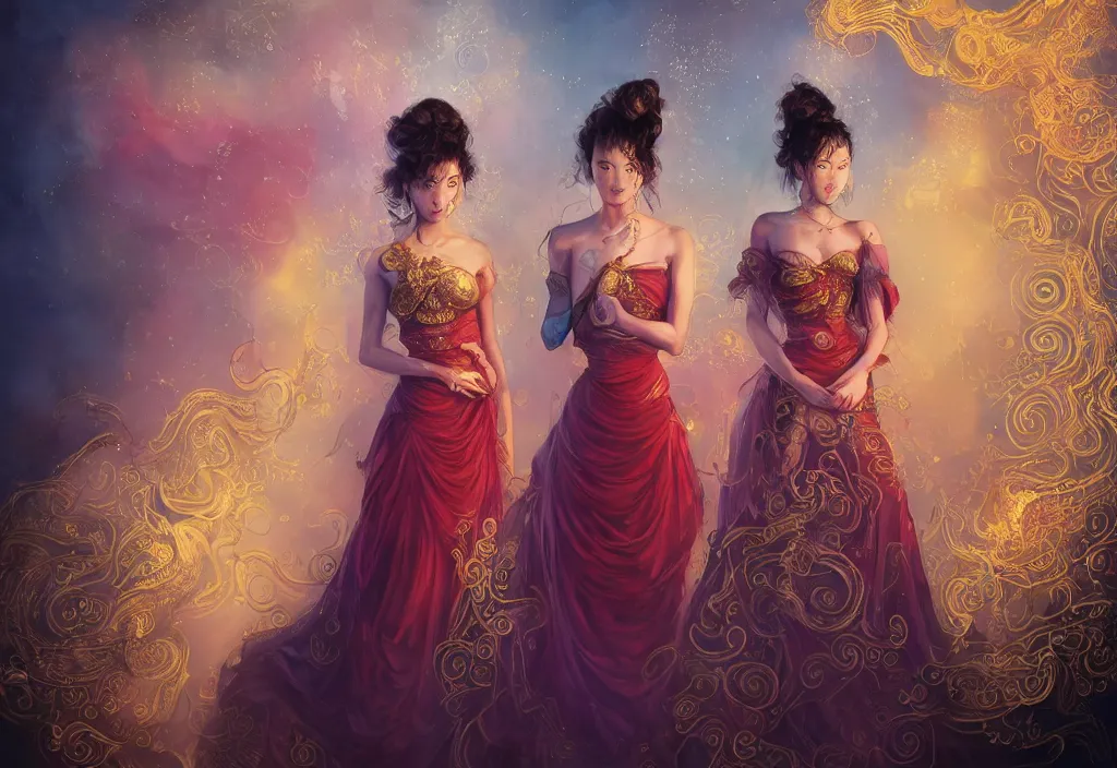 Image similar to full body portrait of a trio of 1 9 years old girl figures, curly messy high bun hairstyle, oriental tattoos, subject wearing a gold and ruby high fashion gown, colorful, flowing, ornate, beautiful, cinematic lighting, highly detailed, digital painting,, dramatic earth colors, with few vivid purple highlights, by ross tran and wlop, artstation, pixiv