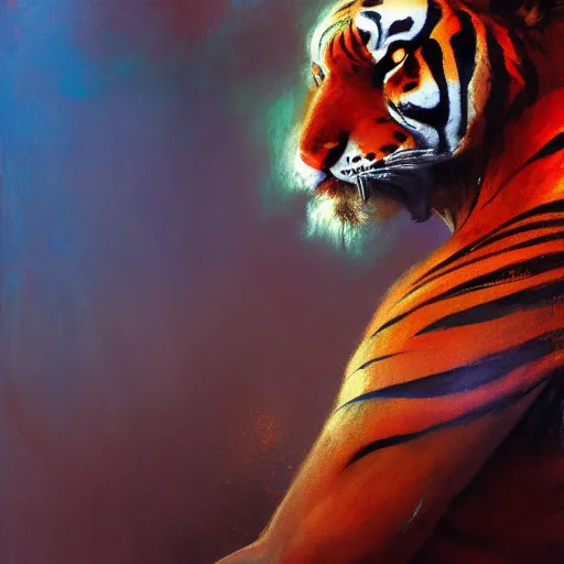 Image similar to hyperrealistic portrait of an athropomorphic tiger wearing heavy combat red - blue armor, bladerunner street, art of elysium by jeremy mann and alphonse mucha, fantasy art, photo realistic, dynamic lighting, artstation, poster, volumetric lighting, very detailed face, 4 k, award winning, cinematic lighting, deviantart, artstation, cg society