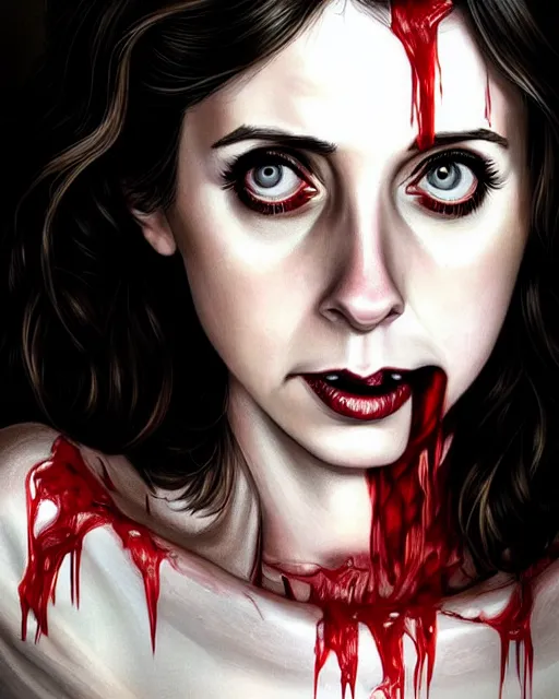 Prompt: gorgeous female Alison Brie, horror movie slasher, holding bloody knife, realistic character concept, violent pose, creepy smile, shorter neck, illustration, symmetrical face and body, realistic eyes, cinematic lighting, hyperdetailed, detailed realistic symmetrical eyes, face by artgerm, symmetrical nose, Tom Bagshaw, single face, insanely detailed and intricate, beautiful, elegant, dark living room background