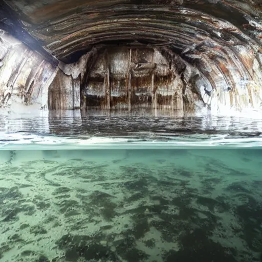 Image similar to photo of a bizarre oddly-shaped interior submerged by one foot deep water everywhere