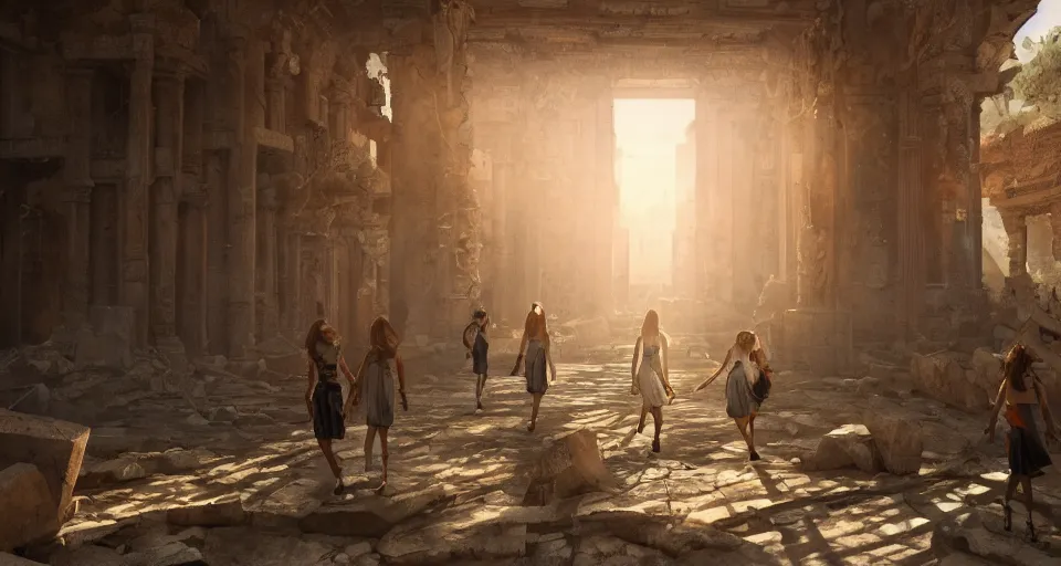 Image similar to Shool girls walking through the interior of an mytical and ancient temple in ruins, hyperdetailed, artstation, cgsociety, golden hour 8k