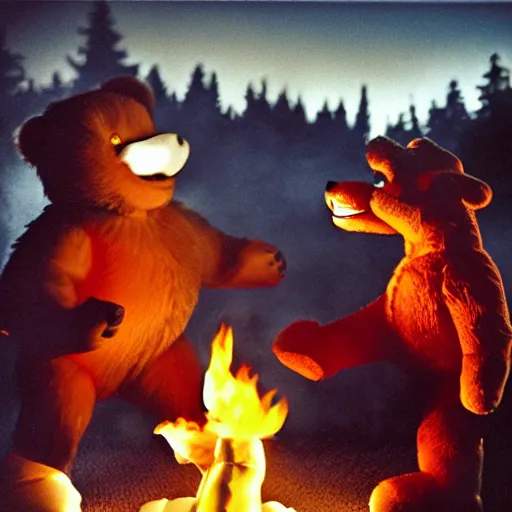 Prompt: candid photo of flaming Teddy Ruxpin, punching Smokey The Bear by Annie Leibowitz, photorealisitc, extremely detailed