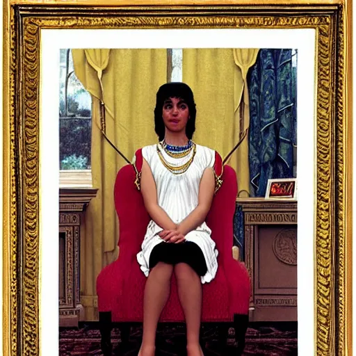 Prompt: Portrait still photograph of young Cleopatra sitting on her throne in the Oval Office by Norman Rockwell, detailed, textured, medium shot, mid-shot, trending on Artstation