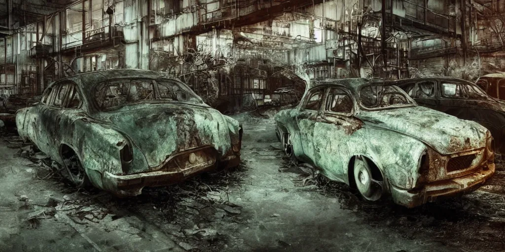 Image similar to close up of a car in an old industrial car factory, a ghostly figure is walking between the broken cars, everything is rusted and broken and covered in moss, night time low light, spooky and scary atmosphere, artstation,