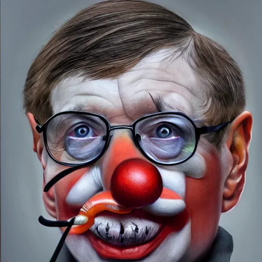 Image similar to UHD hyperrealism painting of Stephen Hawking wearing accurate clown makeup, clown costume, and correct clown face, by Antonio Caparo and Ferdinand Knab and Greg Rutkowski, UHD, photorealistic, trending on artstation, trending on deviantart, correct face, realistic clown makeup