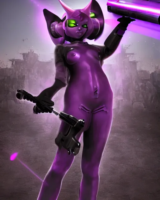 Prompt: gorgeous catgirl alien with horns instead of ears holding a laser rifle, futuristic, sci-fi purple fur, photorealistic CGI