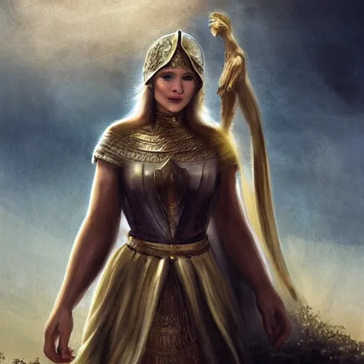 Prompt: Jennifer Lawrence as ancient greek woman in golden helmet, giant grey-haired bearded male face in the sky, epic fantasy style art, fantasy epic digital art