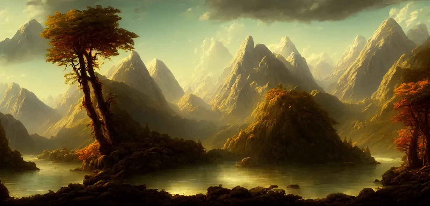 Prompt: a painting of a landscape with mountains and trees, a matte painting by william didier - pouget, cgsociety, fantasy art, matte painting, apocalypse landscape, concept art