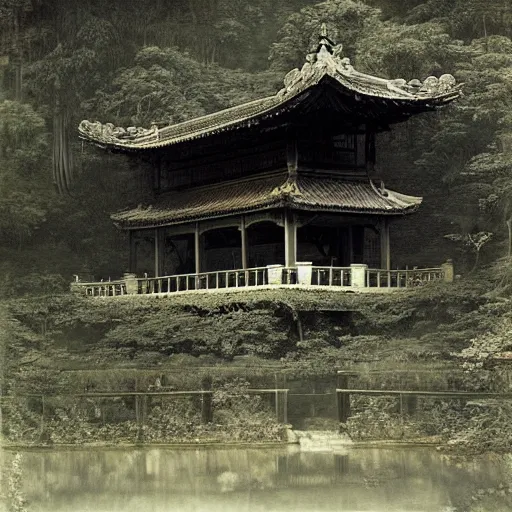 Image similar to old pavilion in the forest, by lang jingshan,