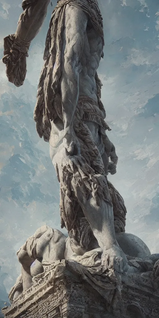 Image similar to looking up at a colossal statue of an old king at the entrance of an ancient greek harbor, greg rutkowski, 8 k, shallow depth of field, intricate detail, concept art,