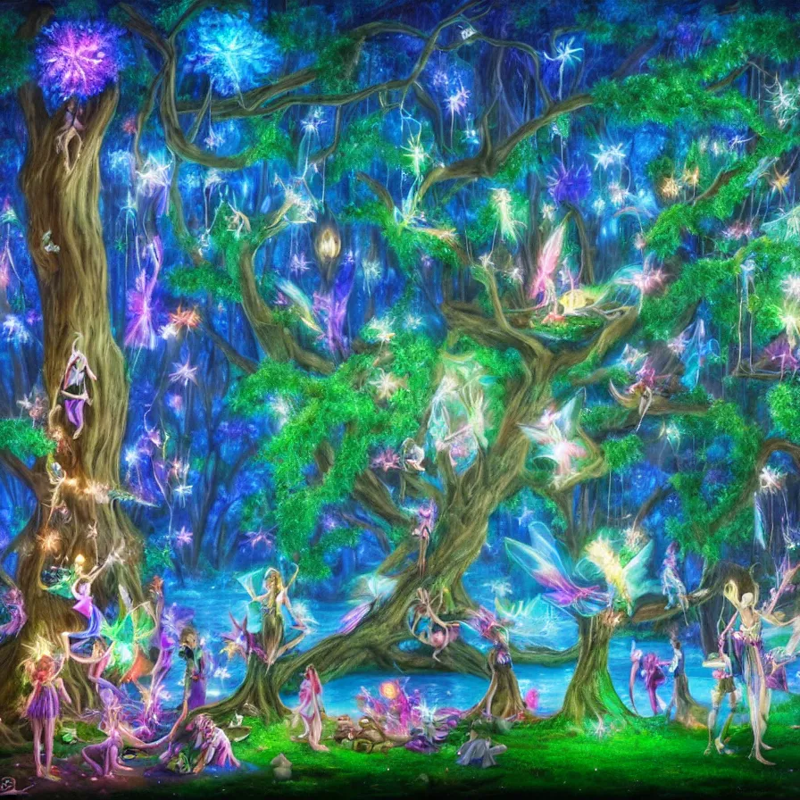 Image similar to a night carnival fairies around a magical tree next to a lake with iridiscent water, christmas lights, volumetric lightning, creatures and fantastic people disguised as fantastic creatures in a magical forest by summer night, masterpieceunderwater scene, masterpiece painted by kelton nelson, scene by night