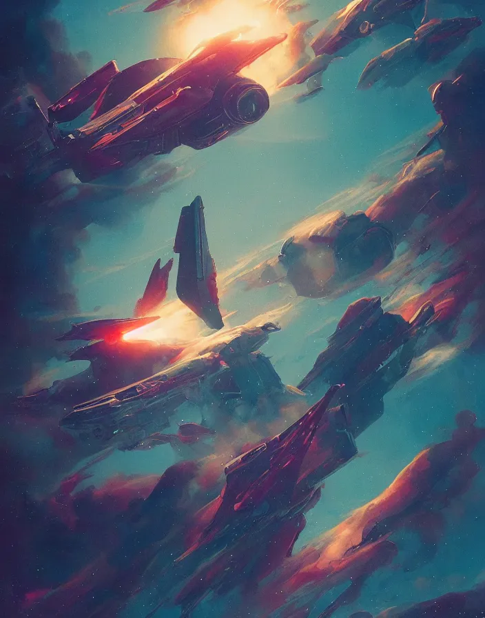 Prompt: Retro futuristic Sci-Fi poster by Moebius and Greg Rutkowski, Giant spaceship, nebulae, multicolored gas clouds