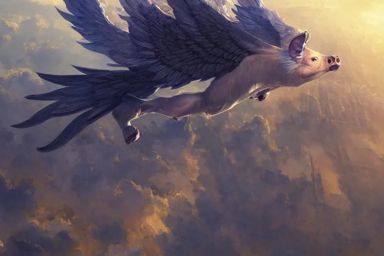 Prompt: a flying pig with angelic wings, flying over Paris, highly detailed, digital painting, artstation, concept art, smooth, sharp focus, illustration, wallpaper, art by artgerm and greg rutkowski and alphonse mucha and jin xiaodi and anthony devine