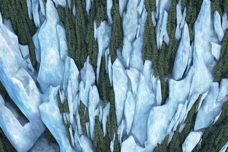 Image similar to areal view of a mile tall ice wall, spanning a continent, dividing a green forest, fantasy, digital art, brilliant, trending on artstation