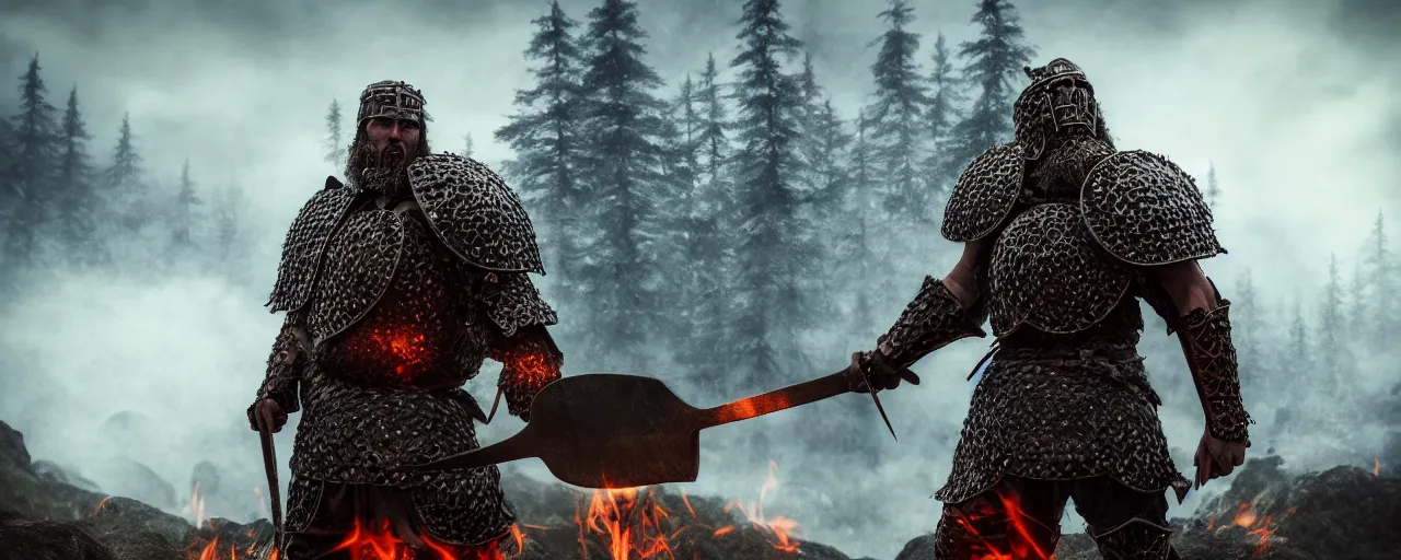 Image similar to portrait photo of a brutal nordic Warrior, wearing intricate steel armor, holding magical fiery battle-axe, sharp focus, highland landscape with few trees background, magical aura, heroic pose, fantasy style, octane render, volumetric lighting, 8k high definition, highly detailed, trending on ArtStation, centered