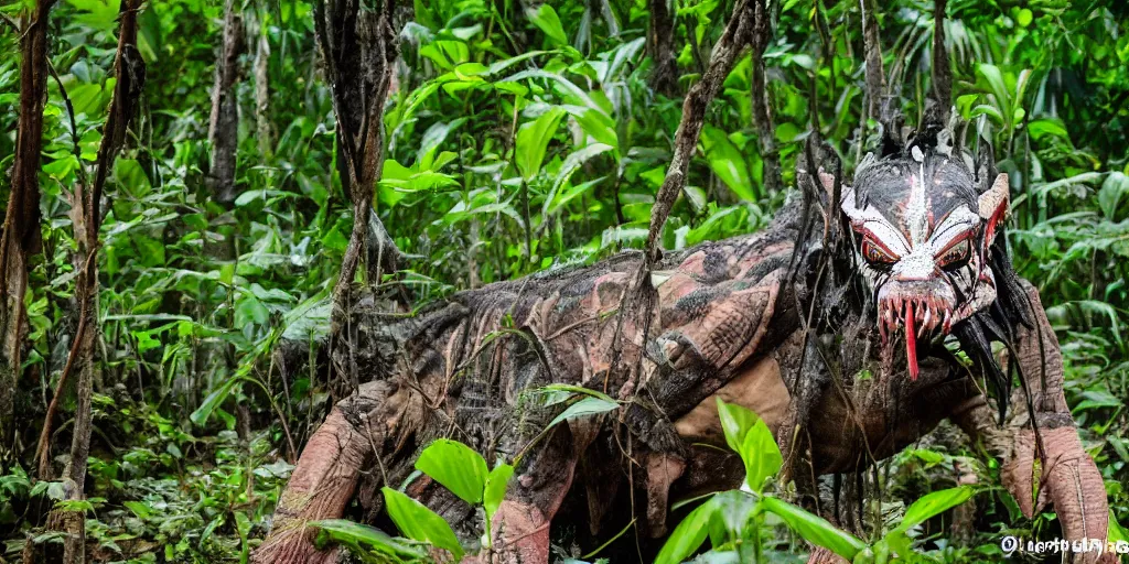 Prompt: yautja predator in sri lankan jungle, next to a river, extremely high fidelity