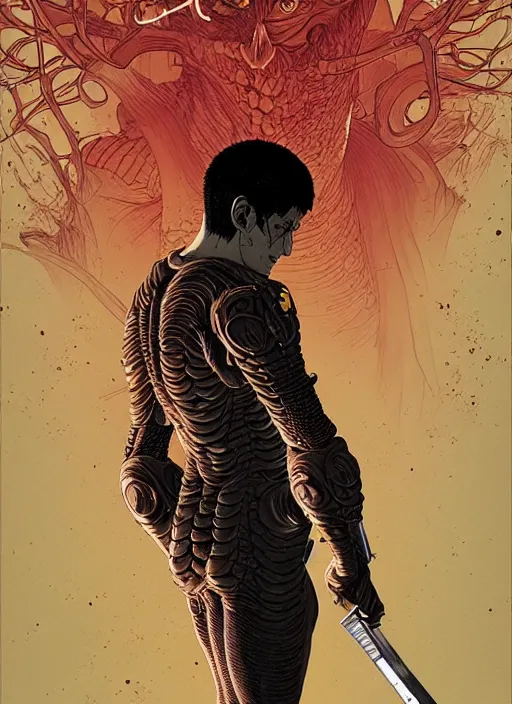 Prompt: highly detailed poster artwork by Michael Whelan and Tomer Hanuka, of Guts, from scene from Berserk, clean