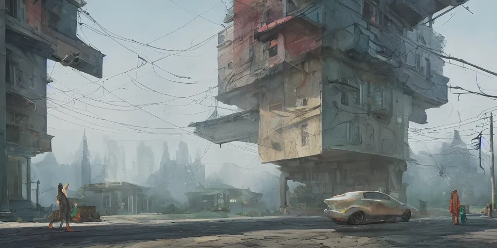 Prompt: misty, stylized, exterior, architecture, in watercolor gouache detailed paintings, raytracing, arcane, insanely detail, artstation, 8 k, futuristic, big medium small, simon stalenhag, props, furniture and decor, octane render, cinematic, screenshot, james gurney, ruan jia, comic style