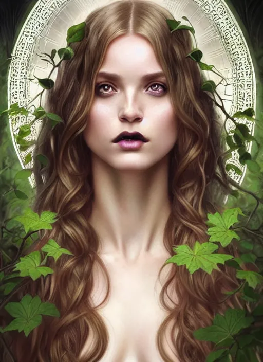 Image similar to perfectly feminine face!! full body portrait of a gothic esoteric dryad blessed by nature with ever - increasing physical mental perfection, blonde, symmetrical! intricate, sensual features, highly detailed, biblical divine holy perfection!! digital painting, artstation, concept art, smooth, sharp focus, illustration, art by artgerm and greg rutkowski and alphonse mucha