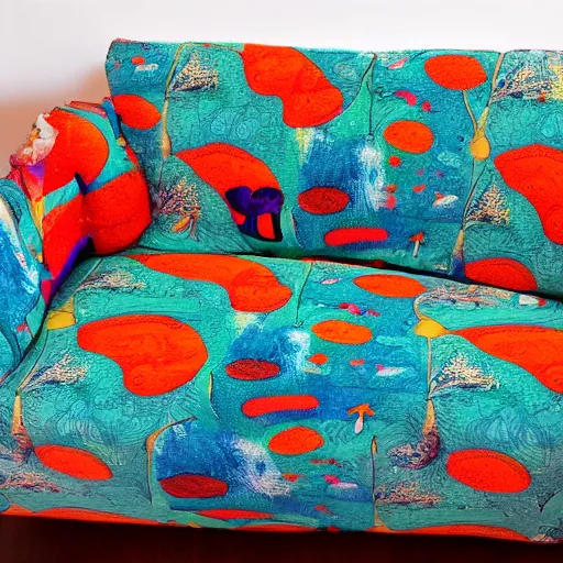 Image similar to psychedelic trippy couch pine forest with woodland critters planets milky way sofa cartoon by dr. seuss