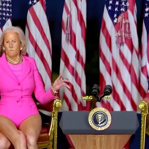 Image similar to president biden wearing a pink bikini, realistic, 8 k, ultra details, highly detailed face, sharp focus