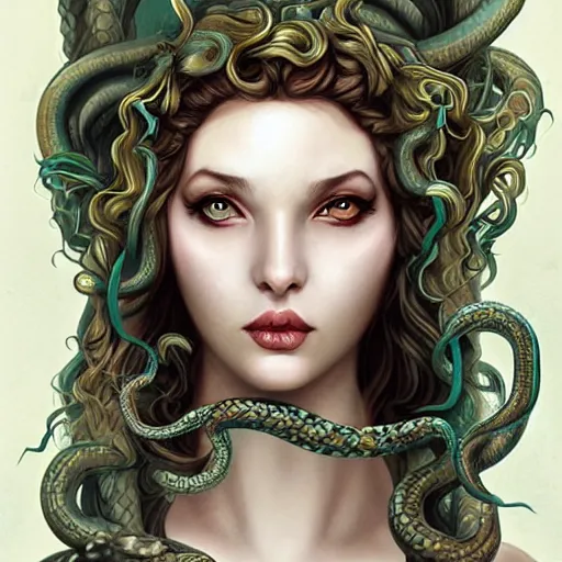 Image similar to realistic mythological greek medusa, snakes on the head, by anna dittmann