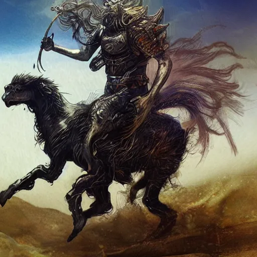 Prompt: a crusader riding a hairy horse-like creature, fantasy art, hyperrealistic, hyper detailed, illustrated by Richard Powers, cinematic