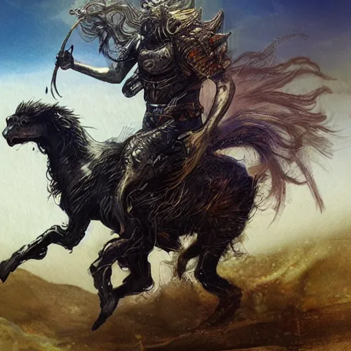 a crusader riding a hairy horse-like creature, fantasy | Stable