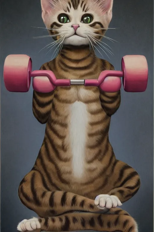 Prompt: anthro cat working out in the gym, an ultrafine detailed painting by mark ryden, trending on deviantart, pop surrealism, whimsical, lowbrow, grotesque