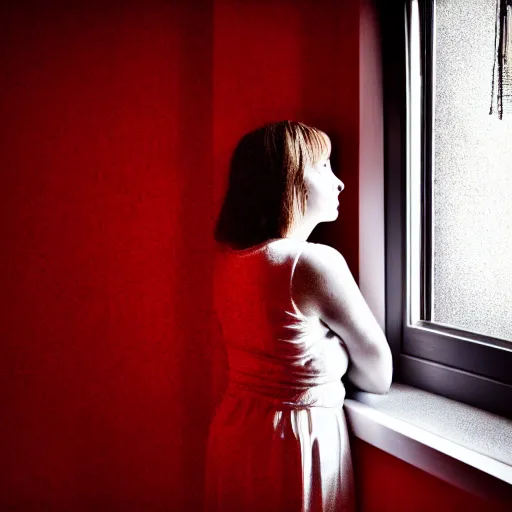 Image similar to woman wearing white and red looking outside the window in her bedroom at night, elegant, highly detailed, 8 k, photorealistic, photography, real picture, heavy grain, studio lighting, hdr