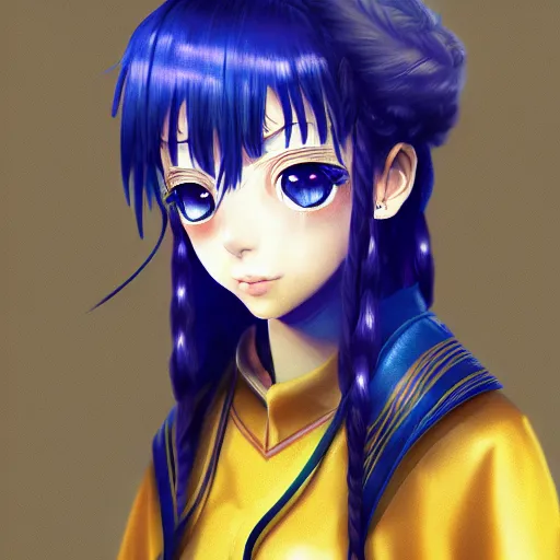 Image similar to a portrait of anime ukrainian blue and yellow girl, concept art, trending on artstation, highly detailed, intricate, sharp focus, digital art, 8 k