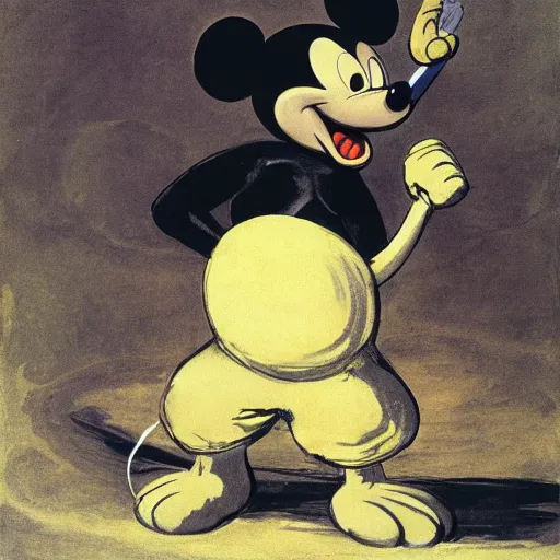 Prompt: mickey mouse as ( ( saturn devouring his son ) ) by francisco goya mickey eating pluto, dramatic dark painting by francisco goya and william blake