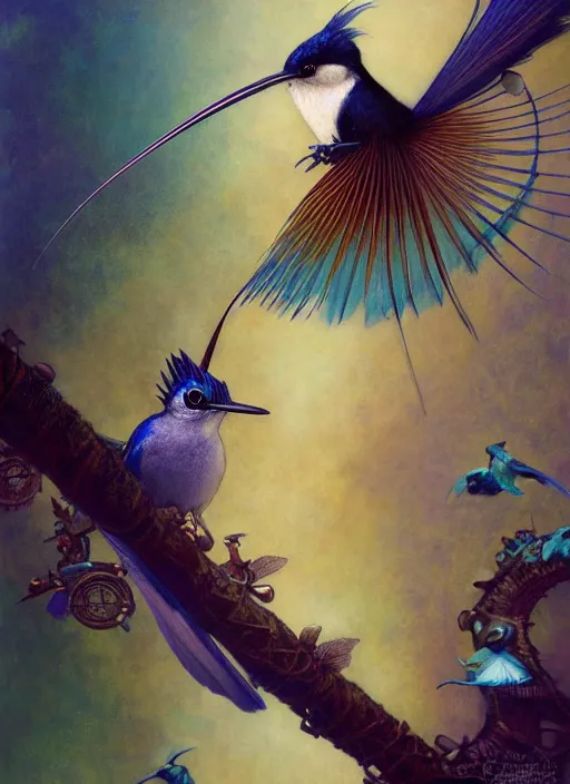 Image similar to hyper realistic paradise flycatcher, refined details, denoised, birds eye view, magical, gems, jewels, gold, steampunk, cyberpunk utopia, painted by tom bagshaw, mucha, gaston bussiere, craig mullins, j. c. leyendecker 8 k