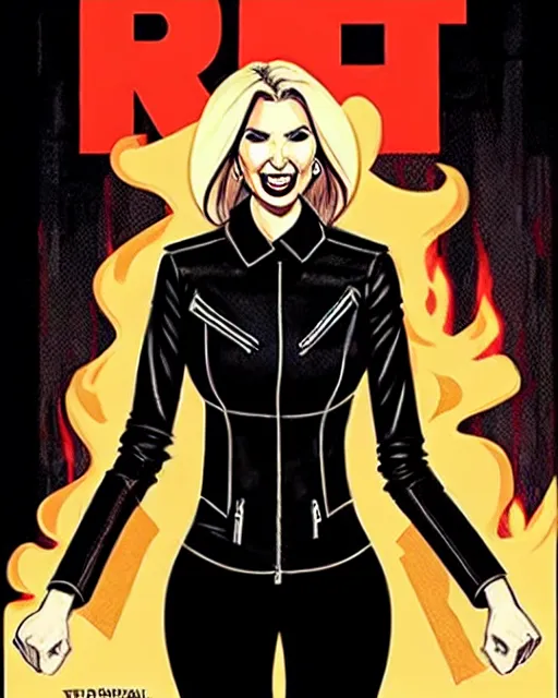 Prompt: Rafael Albuquerque comic cover art, Ivanka Trump with sharp vampire teeth, sarcastic smile, brown leather jacket, jeans, extra long hair, full body, Trump Tower on fire, cool colors