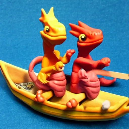 Image similar to polymer clay dragons in a canoe, eating pizza, claymation