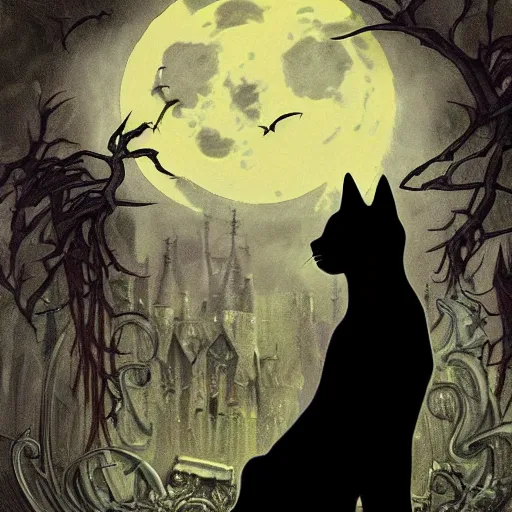 Prompt: an ultra detailed animation of a black cat with bats in a graveyard at midnight on halloween tattoo, digital art, dark fantasy, concept art, soulslike, by alphonse mucha, blood moon eclipse, ruined building in the background, artstation, 8 k, unreal engine render