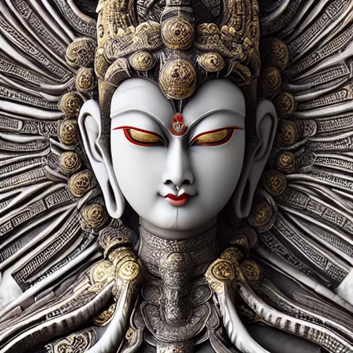 Image similar to naraka buddhist demon korean female, highly detailed, symmetrical long head, smooth marble surfaces, detailed ink illustration, raiden metal gear, cinematic smooth stone, deep aesthetic, concept art, post process, 4 k, carved marble texture and silk cloth, latex skin, highly ornate intricate details, in the style of 8 8 grzes