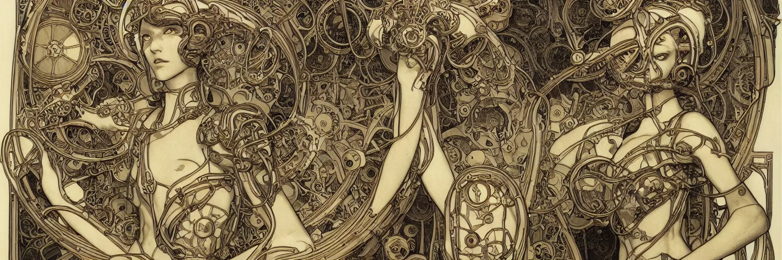 Prompt: art nouveau dieselpunk frames and designs only, no central figure, by travis charest, moebius and mucha, intricate, ornate, circuitry, gears, painted, extremely hyperdetailed, art deco, masterpiece, sharp focus, realistic technical details