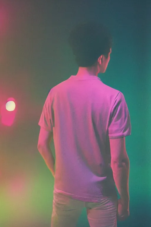 Prompt: kodak ultramax 4 0 0 photograph of a skinny guy in disco club, back view, pink shirt, disco ball, grain, faded effect, vintage aesthetic, vaporwave colors,
