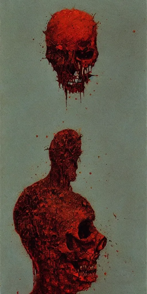 Image similar to portrait of sad man whose half face is golden skull, red ash floating, dust particles, dark atmosphere, lovecraftian, full of emotion, painting by beksinski