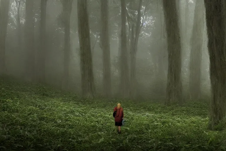 Prompt: a tourist visiting a complex organic fractal 3 d ceramic spheric megastructure floating in a lush forest, foggy, cinematic shot, photo still from movie by denis villeneuve