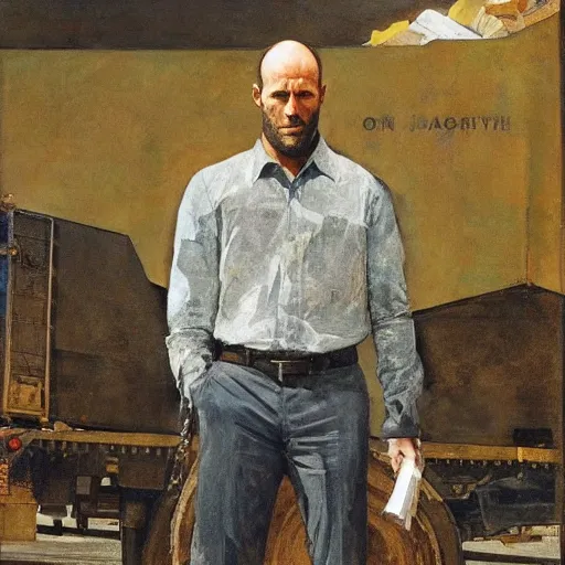 Image similar to Portrait of Jason Statham Pet Detective Standing atop a Garbage Truck Newell Convers Wyeth Andrew Wyeth Jamie Wyeth