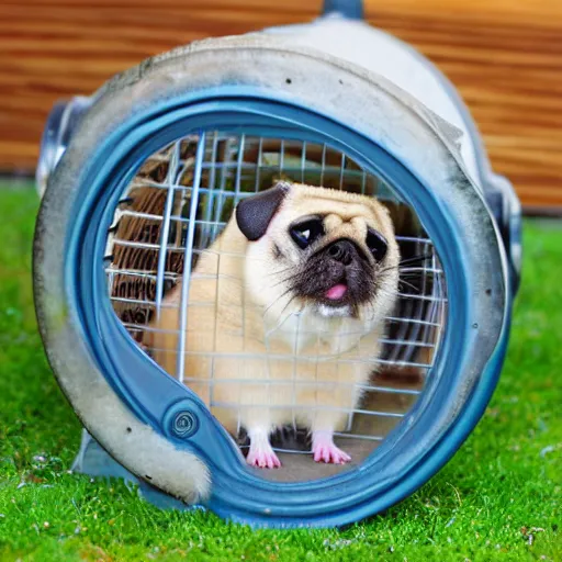 Image similar to a hamster cage with a pug gerbil hybrid inside by the wheel