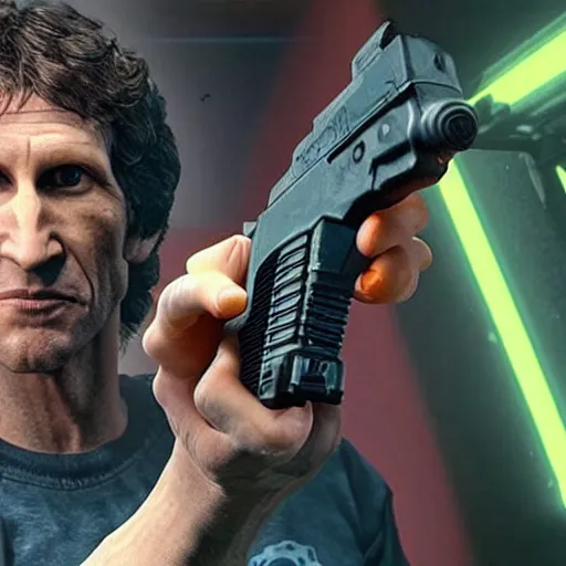 Image similar to todd howard pointing a gun towards the camera and forcing you to buy skyrim, threatening, sharp, cinematic, colorful, digital, neon, bright, cyberpunk, blade runner 2 0 4 9, realism, bold